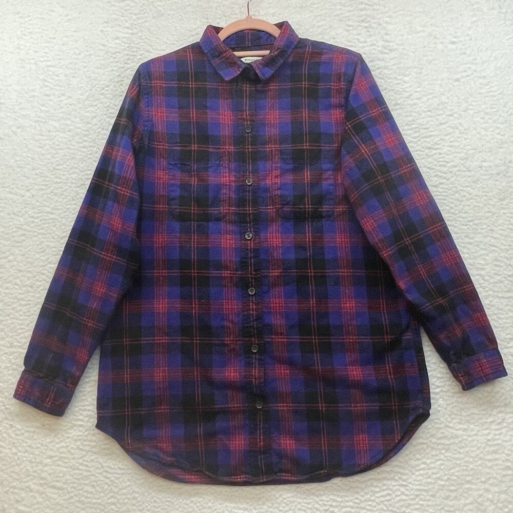 LL Bean Shirt Womens Medium Blue Red Plaid Scotch Plaid Flannel Relaxed Outdoor